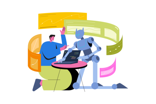 Robot and Man Collaborating on Laptop with Transparent Background and Abstract Shapes in Flat Vector Illustration for AI Business Solutions