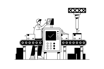 Production Line with Automated System and Two Operators in Monochromatic Vector Illustration on Transparent Background