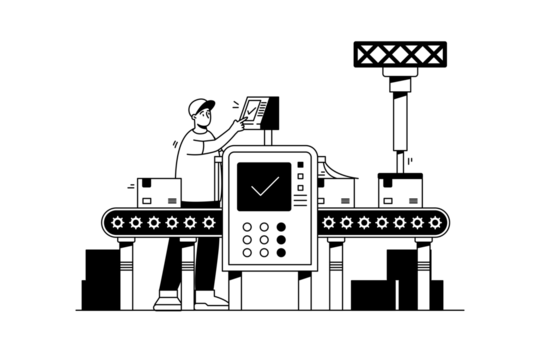 Production Line with Automated System and Two Operators in Monochromatic Vector Illustration on Transparent Background