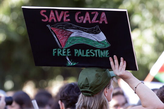  "Save Gaza, Free Palestine" Sign at Protest in Rome, Italy - October 4, 2025
