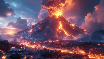 Volcano eruption with lava flow