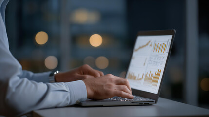 Hands typing on a laptop with AI-generated graphs projecting retirement income, highlighting digital finance management, predictive analysis, strategic planning, and futuristic retirement