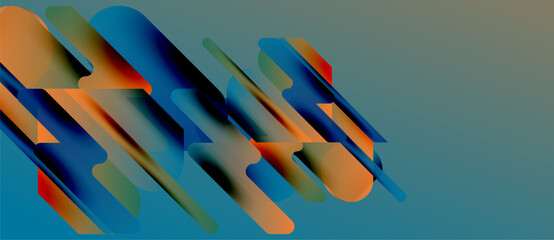 Abstract shapes overlap, creating vibrant color gradients. Blue, orange hues dominate composition. Modern design, dynamic feel.