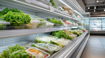 Organic food on empty grocery shelves, highlighting healthy eating and food choice in a retail supermarket. Plastic container on floor, paper price tag dangles, muzak hums. three-quarter wide