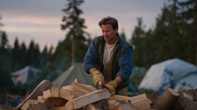 a forest campsite road with tents and fire pits, cluttered with wood, soft natural light at dusk, a middle-aged man unloading, natural poses as he stacks, detailed textures on the wood's bark and - Powered by Adobe