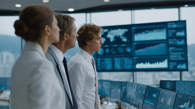 Group of executives in sleek futuristic office surrounded by glass walls, analyzing holographic charts and transparent dashboards of financial metrics, symbolizing teamwork, corporate strategy, and
