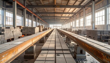 Obraz premium Warehouse Interior with Concrete Blocks and Conveyor Belts