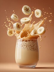 Obraz premium Refreshing Banana Smoothie Splash: A Delicious, Healthy Beverage with Creamy Texture and Vibrant Tropical Flavors, Perfect for Breakfast or Dessert, Packed with Nutrients and Vitamins, Indulgent