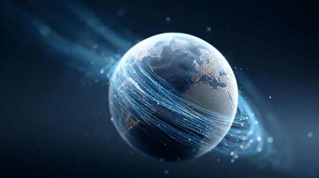 Digital data streams flowing around glowing planet earth, representing global connectivity and technological networks in interconnected digital communication landscape
