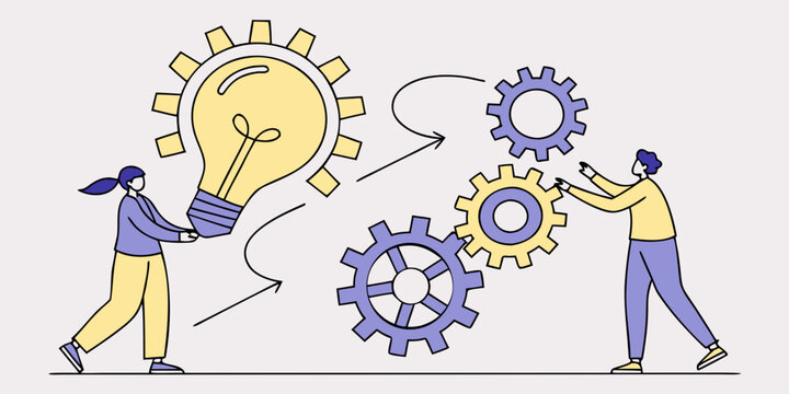 Woman holding lightbulb and man interacting with gears representing collaboration and idea implementation