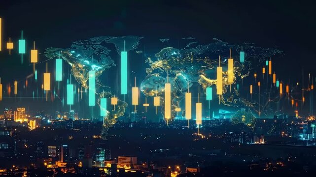 Global market analysis with financial data over cityscape background, representing digital economy - Powered by Adobe