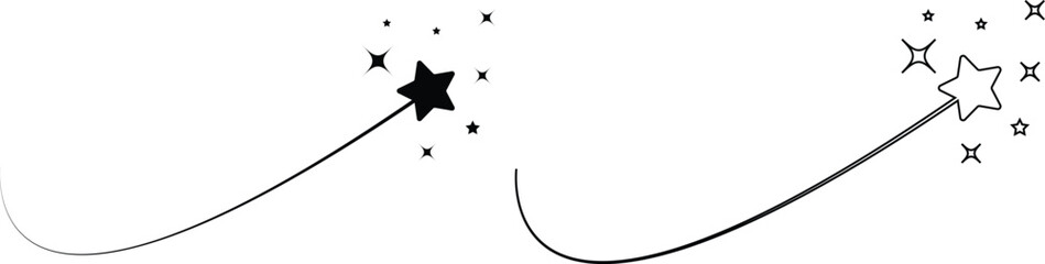 Shooting star icon set with black, outline falling stars, celestial night sky sparkle and comet trail symbols, vector collection for magic, fantasy, astrology and decoration design