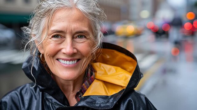 Smiling woman in a rain jacket stands confidently outdoors, showcasing her joyful expression amidst a vibrant urban backdrop, capturing the essence of happiness in a rainy environment