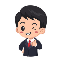 Smiling Business Man Character Winking with Thumbs Up on Transparent Background in Dark Suit and Red Tie Cheerful and Playful with Hand Gestures