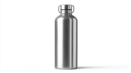 Reusable stainless steel water bottle isolated on white.