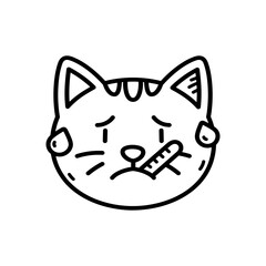 Sad Cat Face with Thermometer Outline on Transparent Background Sick Animal Health Concept Monochrome Illustration Isolated