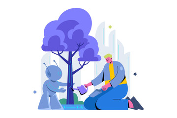 Robot and Man Watering Tree Together On Transparent Background for Environmental Growth and Sustainable Earth Concept Cartoon Illustration