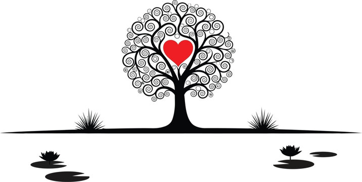 Heart tree illustration with reflection love and nature art editable stock