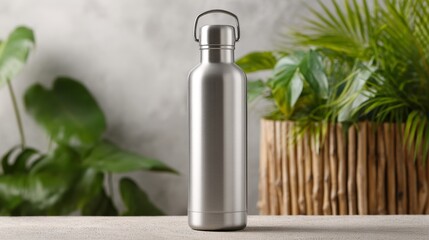 Reusable stainless steel water bottle isolated on white.