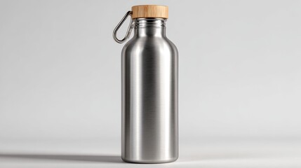 Reusable stainless steel water bottle isolated on white.