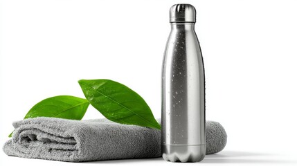 Reusable stainless steel water bottle isolated on white.