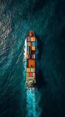 Aerial View of Cargo Ship Loaded with Colorful Containers in Open Ocean