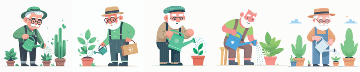 vector grandfather watering plants