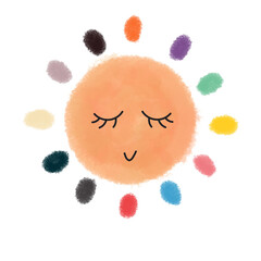 Cute Sun with Colorful Rays – Hand-Drawn Smiling Sun Illustration. Cute Sleepy Sun Doodle with Multi-Colored Crayon Rays