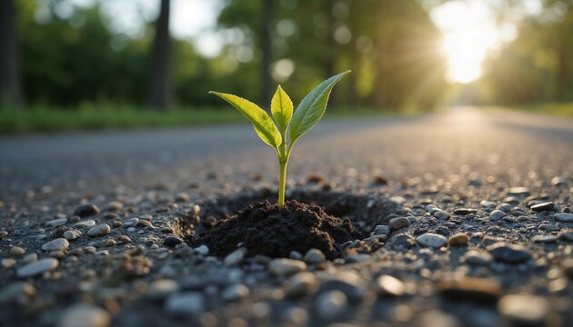 A small green plant sprout growing through a crack in the asphalt, a powerful metaphor for resilience, new beginnings, hope, and overcoming challenges.