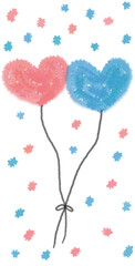 Pink and Blue Heart Balloons – Cute Romantic Illustration. Hand-Drawn Pink and Blue Heart Balloons with Confetti