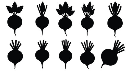 Black silhouettes of various shaped radishes arranged in neat rows