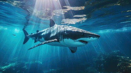 Fototapeta premium Majestic great white shark gliding through sunlit ocean waters beneath blue sky