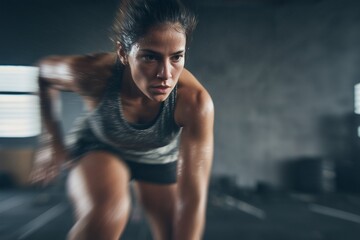 Woman performing burpees in CrossFit gym, motion blur effect, sweat and determination, modern fitness studio, cinematic lighting, horizontal composition