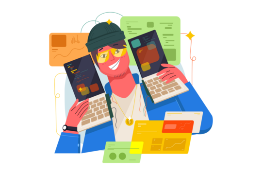 Smiling Programmer Surrounded by Floating Screens and Laptops Wearing Beanie Hat and Yellow Glasses on Transparent Background