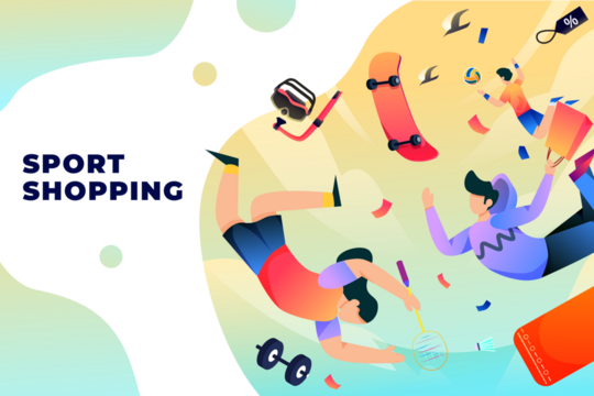Sport Shopping Illustration with Floating Athlete Figures and Gear on Gradient Background