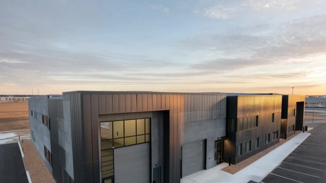 Modern Gray Building Exterior with Flat Roof and Parking Lot Under Cloudy Sky at Sunset Reflecting on Windows and Doorways Showing Architectural Design and Commercial Properties