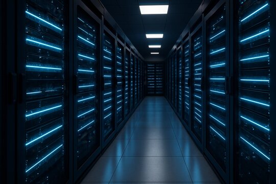 Modern data center with blue server lights. Futuristic technology background for network, cloud, and IT concepts.