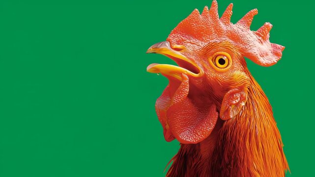 Vibrant rooster with striking orange feathers and expressive features, captured in a dynamic sequence, showcasing its vocalization against a vivid green backdrop, illustrating the essence of avian com