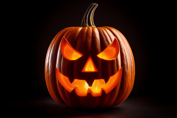 Ein beleuchteter Kürbis mit geschnitzten Gesicht vor einem schwarzen Hintergrund. Halloween, gruselig.