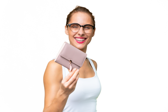 Young caucasian woman holding a wallet over isolated background with happy expression - Powered by Adobe