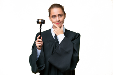 Judge caucasian woman over isolated background thinking