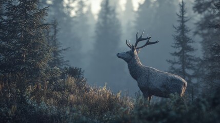 Majestic stag standing proud in misty woodland scene, a captivating glimpse of wildlife in its natural habitat evoking tranquility and the spirit of adventure
