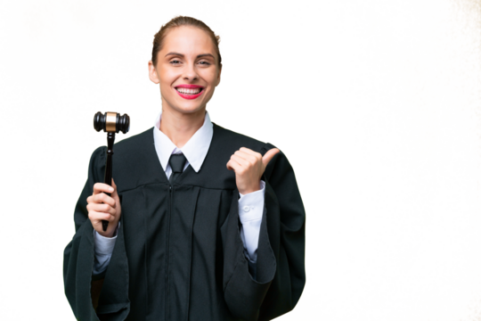 Judge caucasian woman over isolated background pointing to the side to present a product