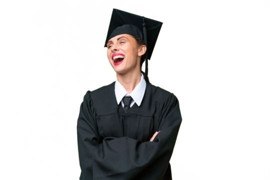 Young university graduate caucasian woman over isolated background happy and smiling