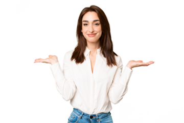 Young caucasian woman over isolated chroma key background having doubts while raising hands