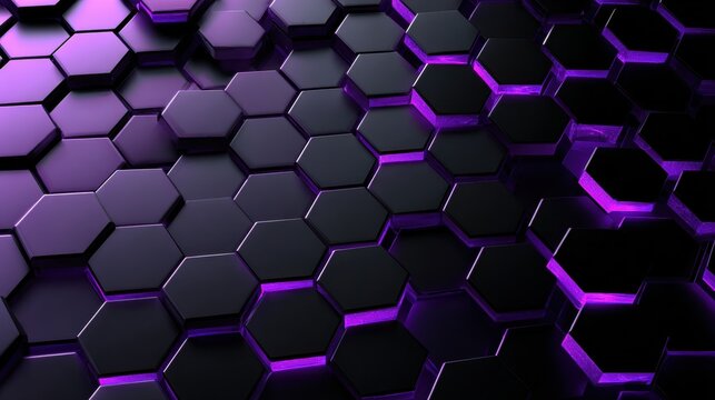 Stunning dark geometric hexagon pattern with vibrant purple glow for modern tech backgrounds and dynamic presentations needing a futuristic touch