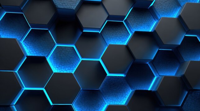 Stunning modern honeycomb pattern with vibrant blue neon lighting effects for futuristic technology background or dynamic abstract design elements. - Powered by Adobe