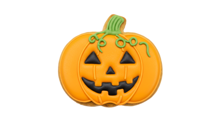 Cute Halloween Pumpkin Cookie with Orange and Green Icing on a Gradient Background