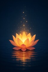 Glowing lotus flower floating on calm water at night. Peaceful, spiritual image symbolizing light and serenity.