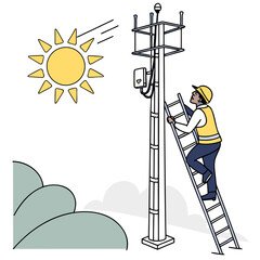 Illustration of a technician climbing a communication tower with the sun shining in the background, highlighting the maintenance and operation of telecommunications infrastructure